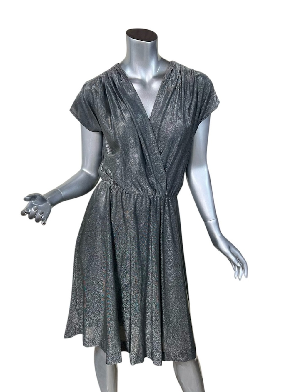 Franky B Vintage USA Silver Shimmer Faux Wrap Stretch Waist Midi Dress Size 14